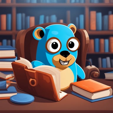 Create a logo for a GitHub organization focused on API libraries written in Go, featuring Go Blue Gopher in a library, embodying the mascot of Go with a unique blue twist.