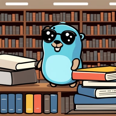 A cute Go Blue Gopher in a library, representing API libraries.