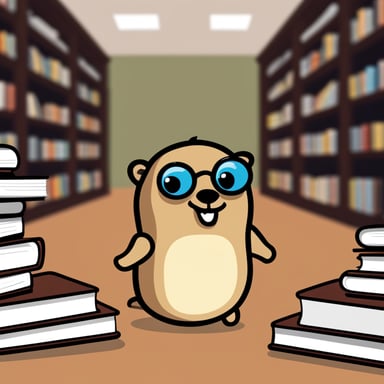 A cute Go Blue Gopher in a library, representing API libraries.