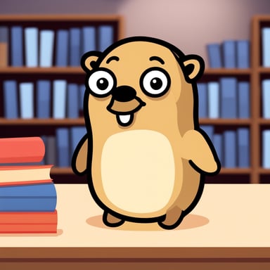 A cute Go Blue Gopher in a library, representing API libraries.