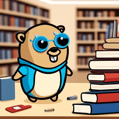 A cute Go Blue Gopher in a library, representing API libraries.