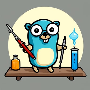 Go blue gopher with a syringe bigger than him, illustrated in 2D with no background.