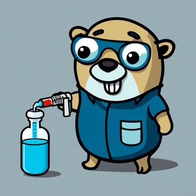 Go blue gopher with a syringe bigger than him, illustrated in 2D with no background.