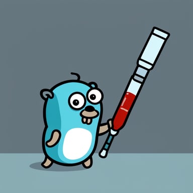 Go blue gopher with a syringe bigger than him, illustrated in 2D with no background.