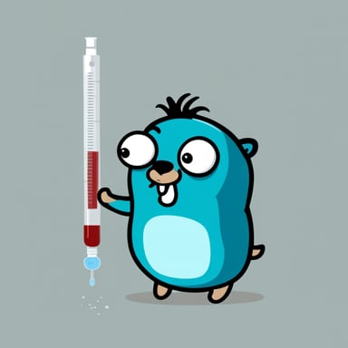 Go blue gopher with a syringe bigger than him, illustrated in 2D with no background.