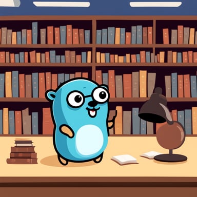A cute Go Blue Gopher in a library representing API libraries written in Go.