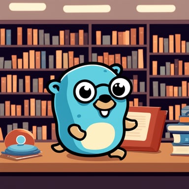 A cute Go Blue Gopher in a library representing API libraries written in Go.