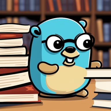 A cute Go Blue Gopher in a library representing API libraries written in Go.