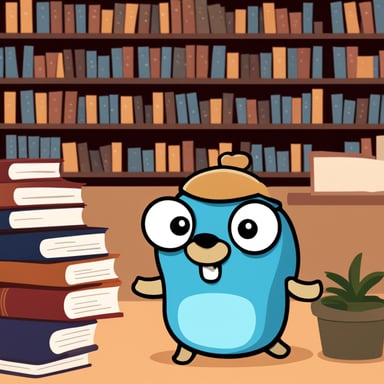 A cute Go Blue Gopher in a library representing API libraries written in Go.