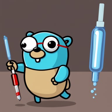 2D Go Blue Gopher with big syringe and evil face.
