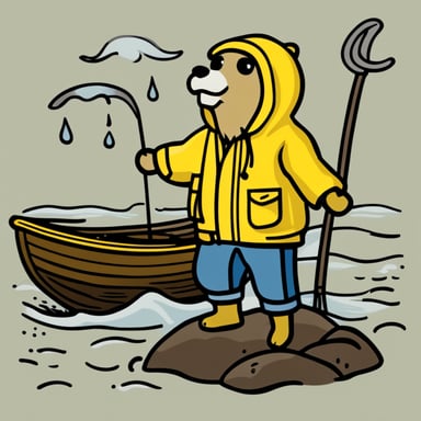 A go blue gopher dons a yellow rain jacket, embodying the look of a seasoned fisherman.