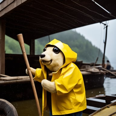 A go blue gopher dons a yellow rain jacket, embodying the look of a seasoned fisherman.