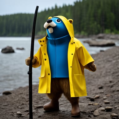 A go blue gopher dons a yellow rain jacket, embodying the look of a seasoned fisherman.