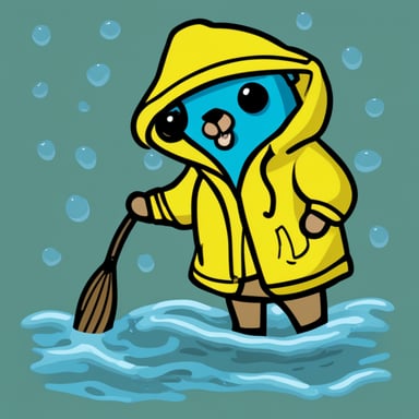 A go blue gopher dons a yellow rain jacket, embodying the look of a seasoned fisherman.