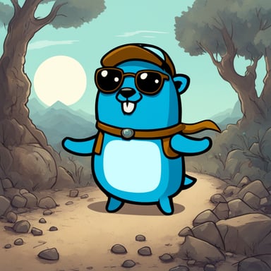 Go Blue Gopher in Ashley McNamara's style, portrayed as a 2D blue character.