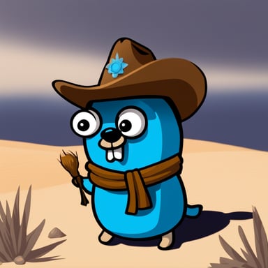 Go Blue Gopher in Ashley McNamara's style, portrayed as a 2D blue character.