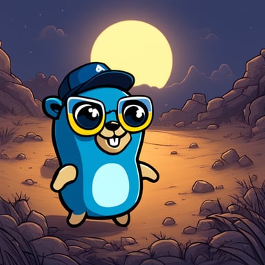 Go Blue Gopher in Ashley McNamara's style, portrayed as a 2D blue character.