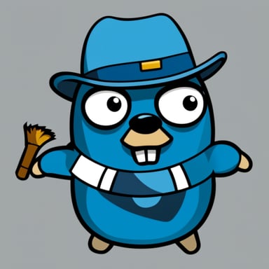 Go Blue Gopher in Ashley McNamara's style, portrayed as a 2D blue character.