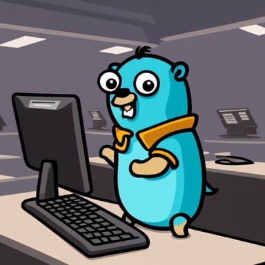 Go Blue Gopher angrily typing away in a terminal, background absent.