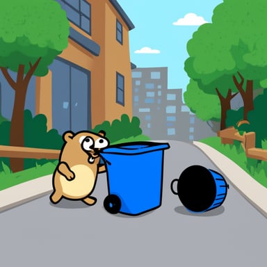 Go Blue Gopher digging in a trash can.