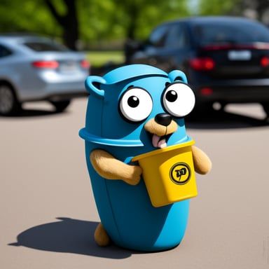 Go Blue Gopher digging in a trash can.