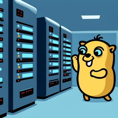 Go Blue Gopher pressing buttons inside a data center.