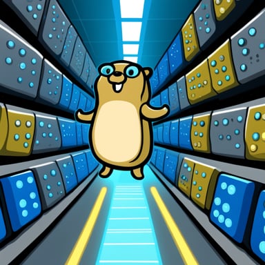 Go Blue Gopher pressing buttons inside a data center.