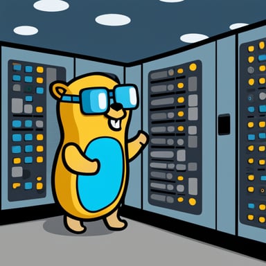 Go Blue Gopher pressing buttons inside a data center.