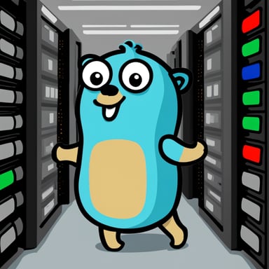Go Blue Gopher pressing buttons inside a data center.
