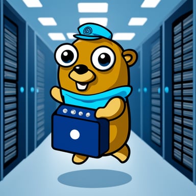 Go Blue Gopher is pressing buttons inside a data center.