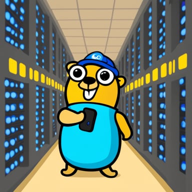 Go Blue Gopher is pressing buttons inside a data center.