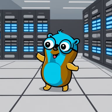 Go Blue Gopher is pressing buttons inside a data center.