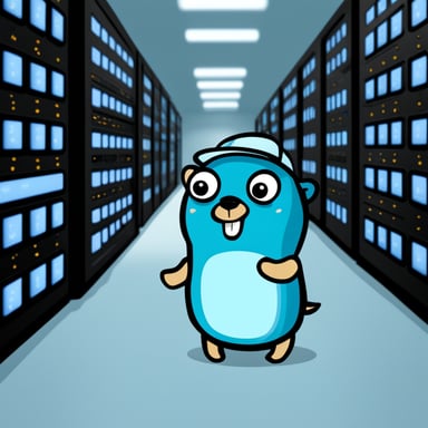 Go Blue Gopher is pressing buttons inside a data center.