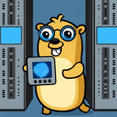 Go Blue Gopher pressing buttons inside of a data center with a transparent background.