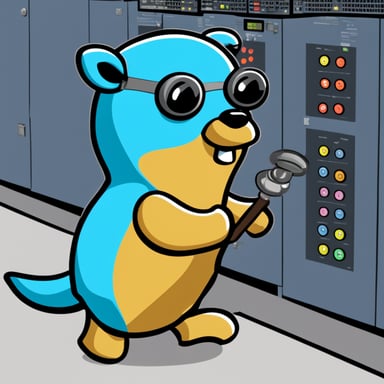 Go Blue Gopher pressing buttons inside of a data center with a transparent background.
