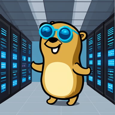 Go Blue Gopher pressing buttons inside of a data center with a transparent background.