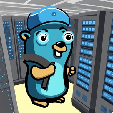 Go Blue Gopher pressing buttons inside of a data center with a transparent background.