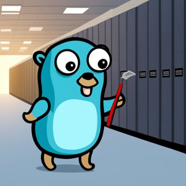 Go Blue Gopher staring at a list inside of a data center.