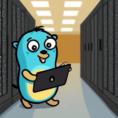 Go Blue Gopher staring at a list inside of a data center.