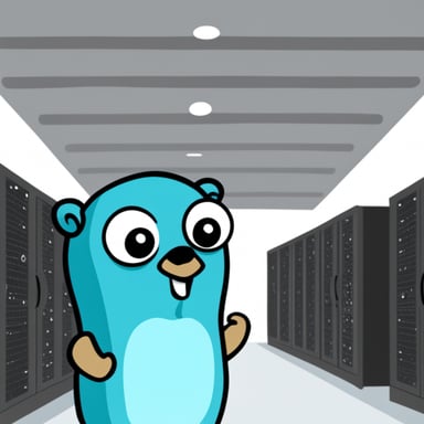 Go Blue Gopher staring at a list inside of a data center.