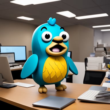 Go Blue Gopher, resembling a mascot of the GO language with bulging eyes and a cap inscribed with GO, rampages through the office, breaking furniture. Little colorful parrots fly around in panic, as this is their office.