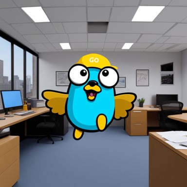 Go Blue Gopher, resembling a mascot of the GO language with bulging eyes and a cap inscribed with GO, rampages through the office, breaking furniture. Little colorful parrots fly around in panic, as this is their office.