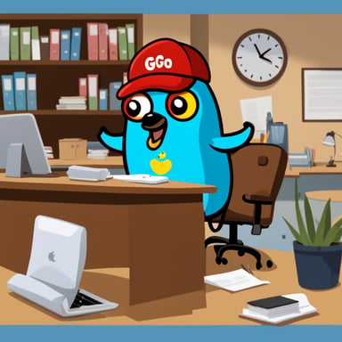 Go Blue Gopher, resembling a mascot of the GO language with bulging eyes and a cap inscribed with GO, rampages through the office, breaking furniture. Little colorful parrots fly around in panic, as this is their office.