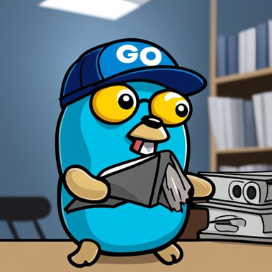 Go Blue Gopher, resembling a mascot of the GO language with bulging eyes and a cap inscribed with GO, rampages through the office, breaking furniture. Little colorful parrots fly around in panic, as this is their office.