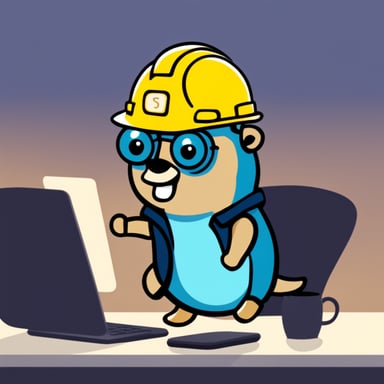 Go Blue Gopher wearing a hard hat doing programming.