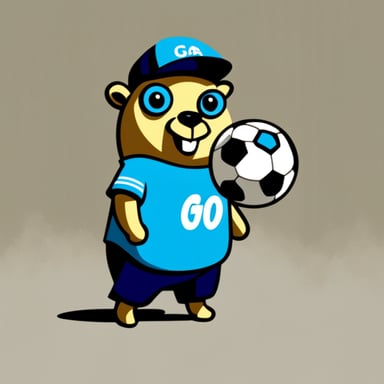 Go Blue Gopher with a soccer ball and a cuju on his shirt.