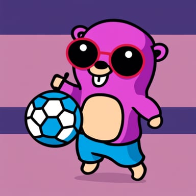 Go Blue Gopher, which is purple and has cuju written on its front, holds a soccer ball in its hand.