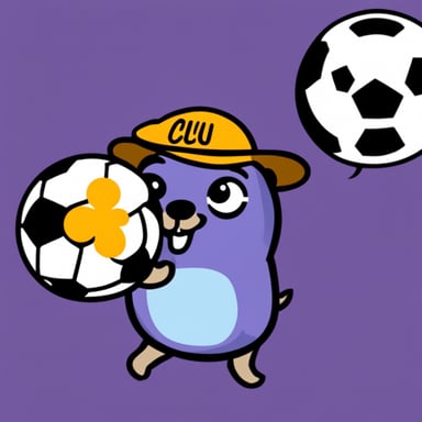 Go Blue Gopher, which is purple and has cuju written on its front, holds a soccer ball in its hand.