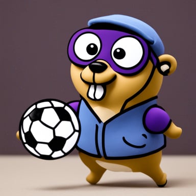 Go Blue Gopher, which is purple and has cuju written on its front, holds a soccer ball in its hand.
