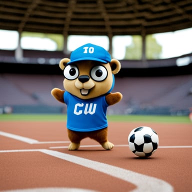 Go blue gopher, which has the word cuju written on his cap and holds a soccer ball in its hand.